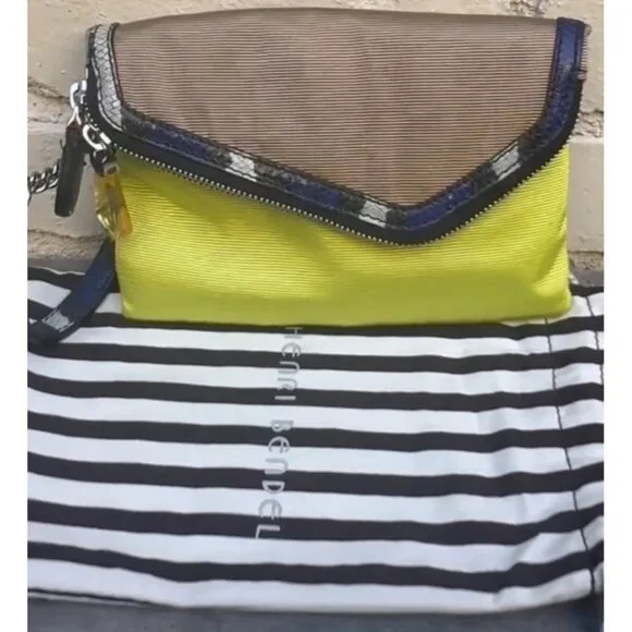 Henri Bendel Rare Neon Lime Cobalt Snakeskin Envelope Wristlet - Picture 8 of 15